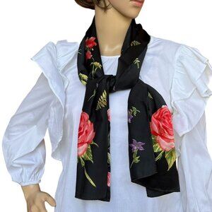 Echo Black Silk Scarf Pink Floral Print Neck Headband Ponytail Bow Bag Accessory